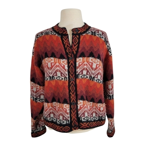 alpaca Sweaters - Peruvian Alpaca Orange & Black Geometric Print Fair Isle Cardigan Sweater